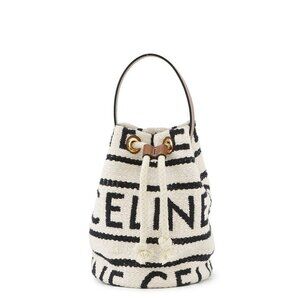 CELINE Teen Drawstring Handbag Cotton/Calf Leather Brown/White/Black 196532E